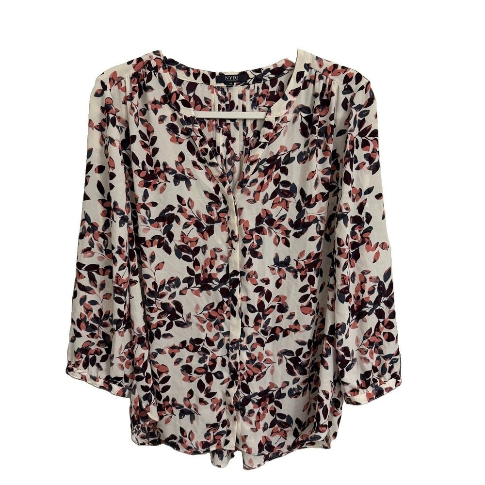 NYDJ‎ Blouse Medium Ivory Floral Print Pleated Back Long Sleeve Top Button-Up